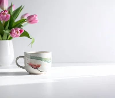 Ceramic Coffee Mug Beside Pink Tulips