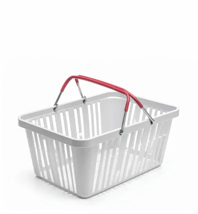 Empty White Plastic Shopping Basket With Red Handle