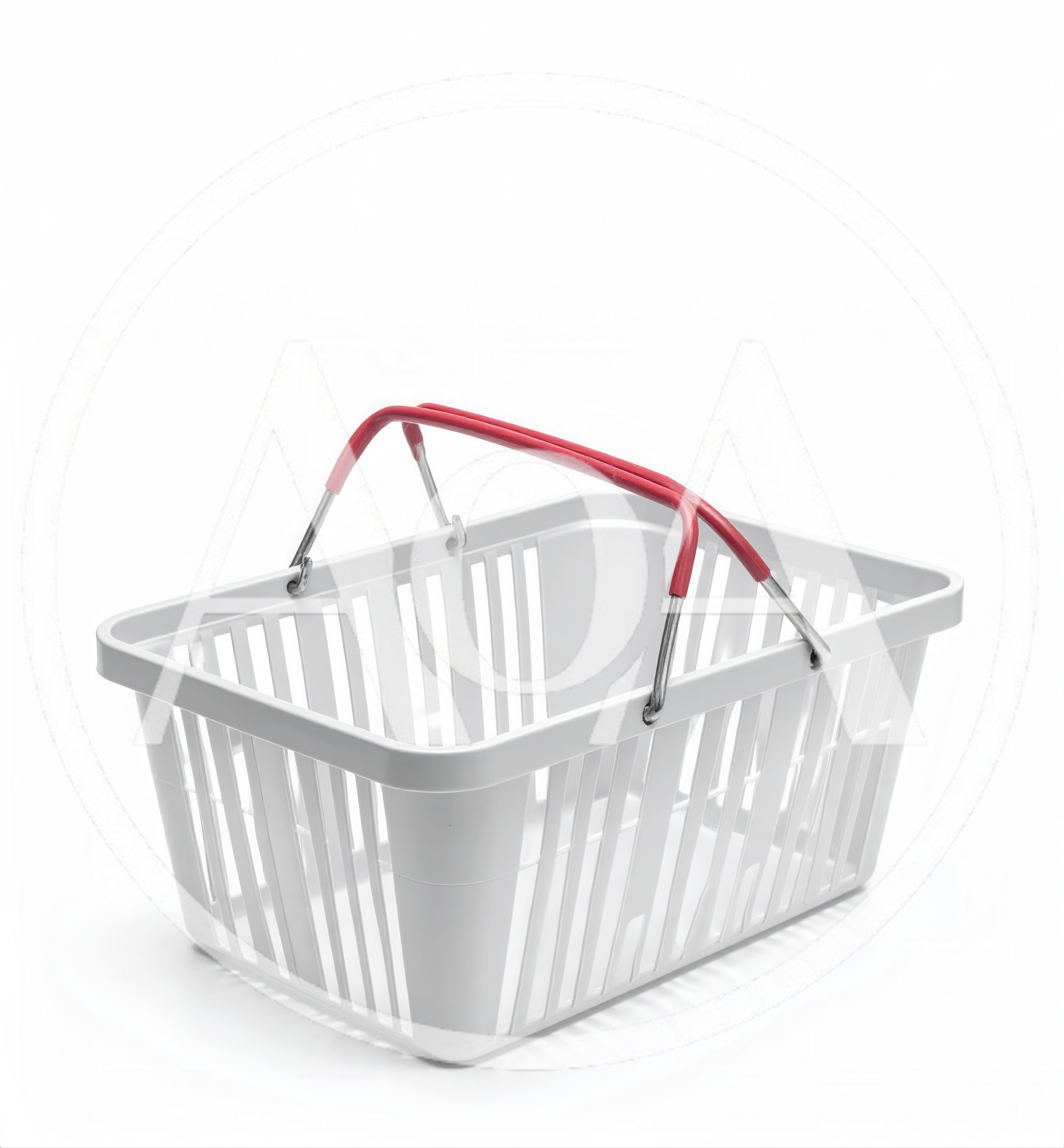 Empty White Plastic Shopping Basket With Red Handle