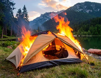 Camping Tent Engulfed In Large Forest Fire