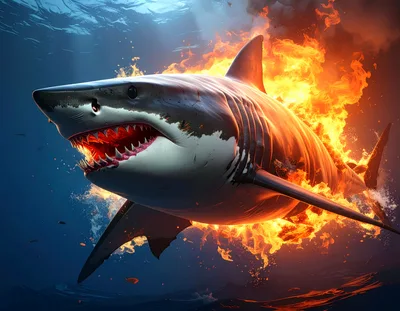 Great White Shark Engulfed In Underwater Fire