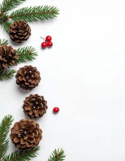 Christmas Pine Cones and Fir Branches on White Background