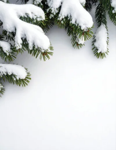 Snow Covered Pine Tree Branches Over White Background