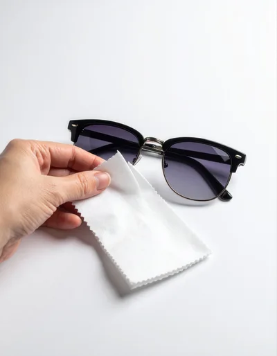 Hand Cleaning Sunglasses With A Microfiber Cloth