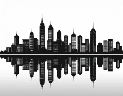 Black Silhouette City Skyline Reflection on White Background