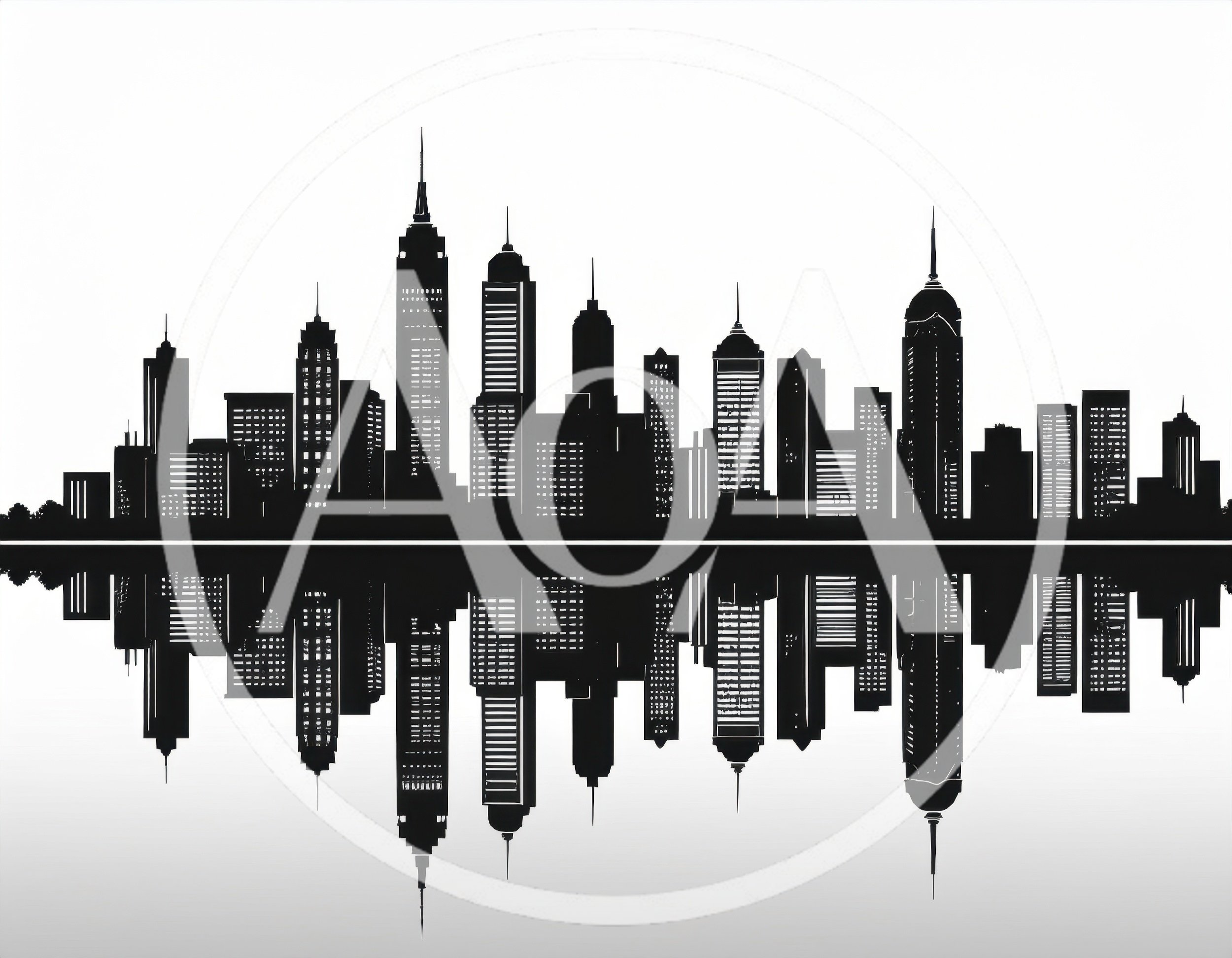 Black Silhouette City Skyline Reflection on White Background