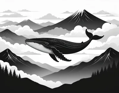 Surreal Illustration Of A Humpback Whale Flying Over Mountains