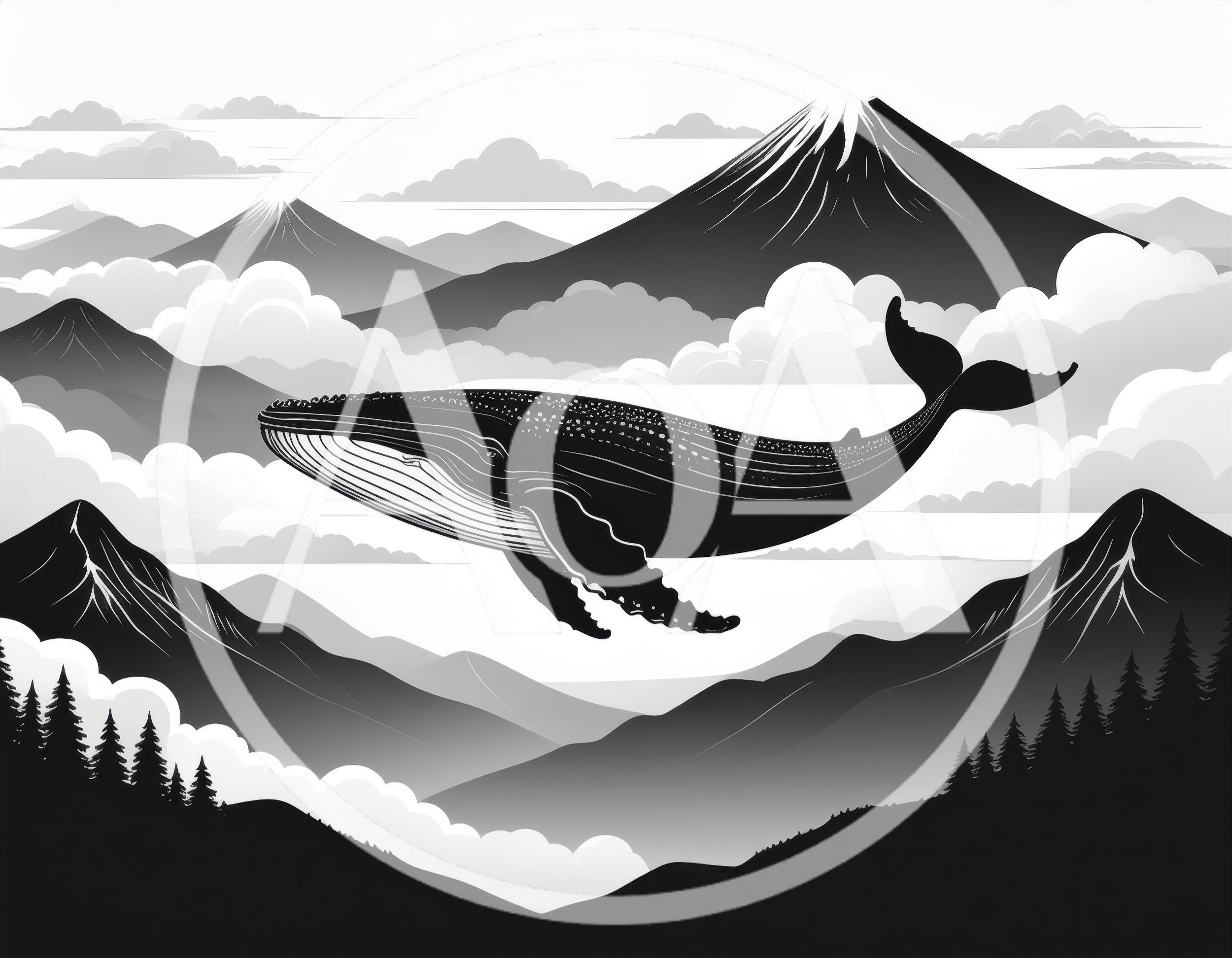 Surreal Illustration Of A Humpback Whale Flying Over Mountains