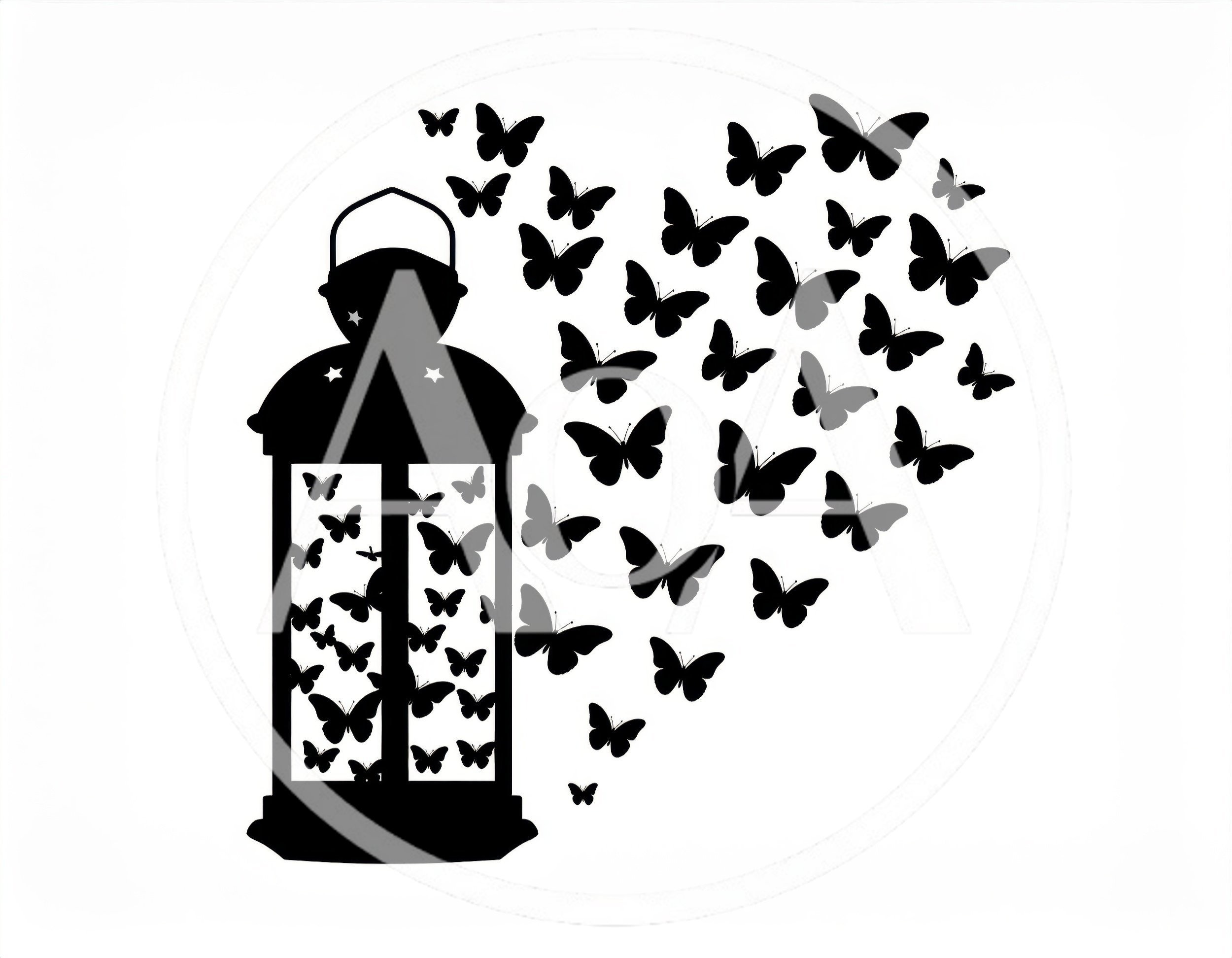 Black Silhouette Lantern With Swarm Of Butterflies