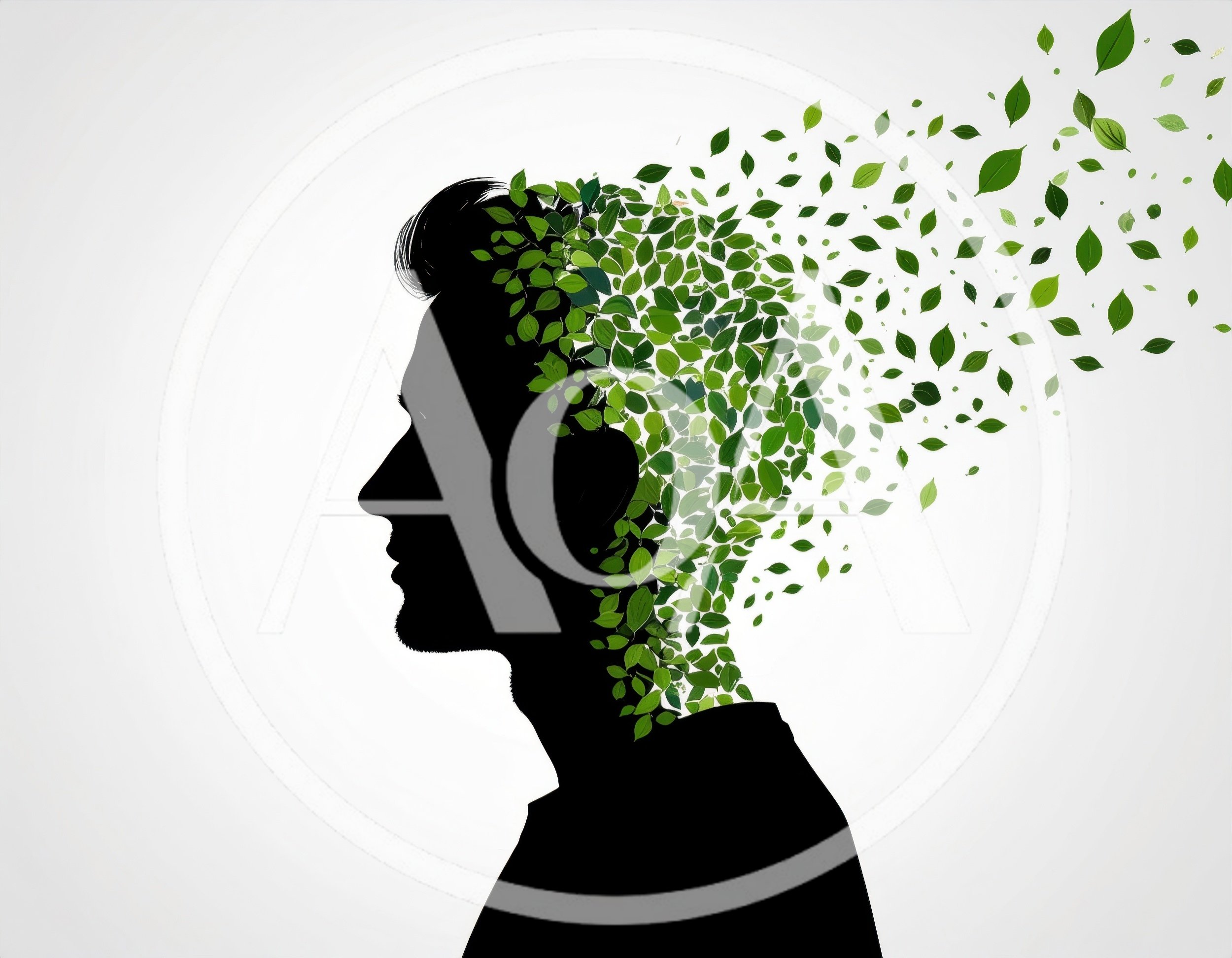 Silhouette Of A Man With Leaves Disintegrating From Head