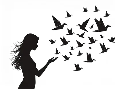 Silhouette Of A Woman Releasing Origami Paper Birds