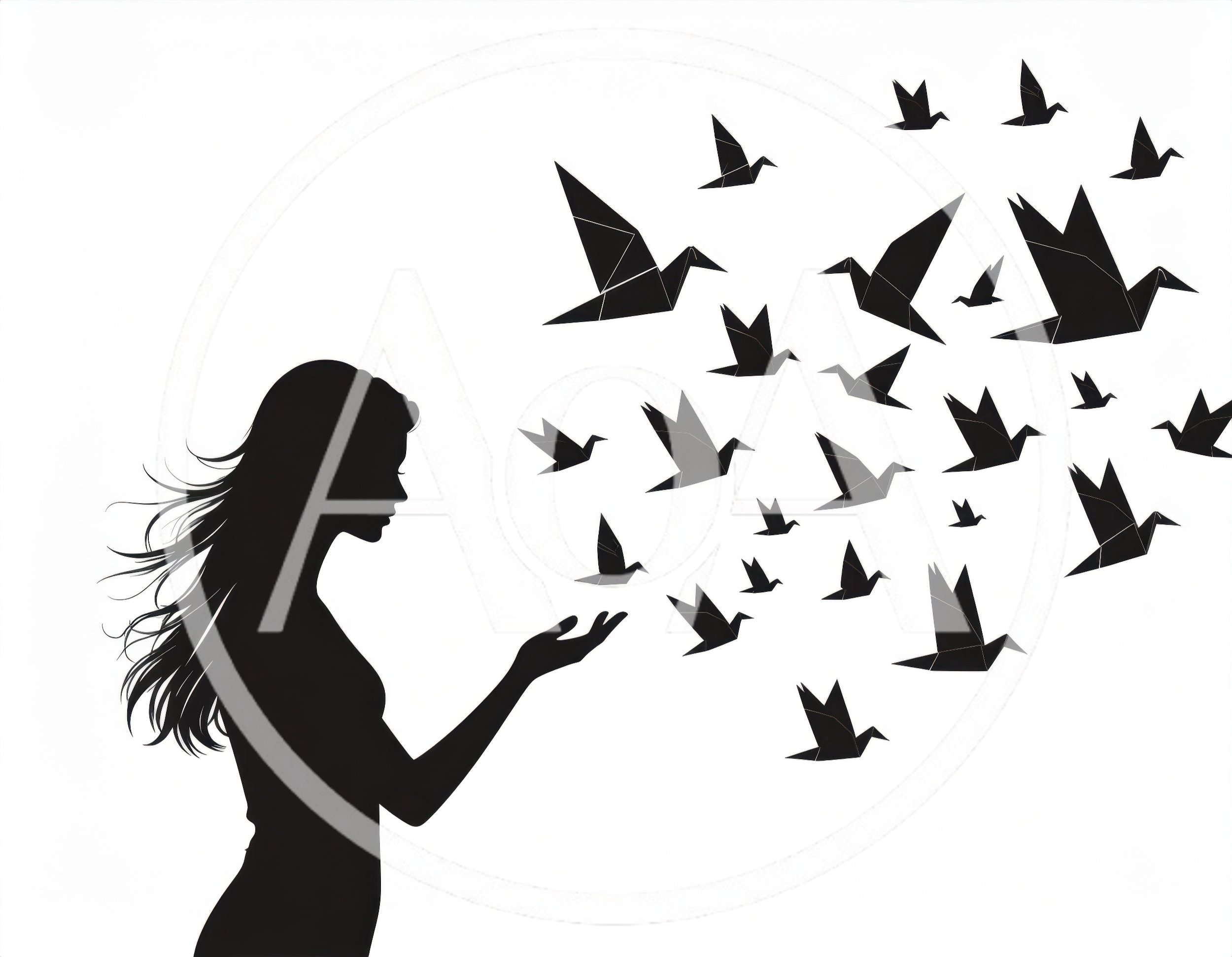 Silhouette Of A Woman Releasing Origami Paper Birds