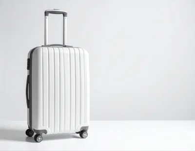 White Hardshell Rolling Suitcase on White Background