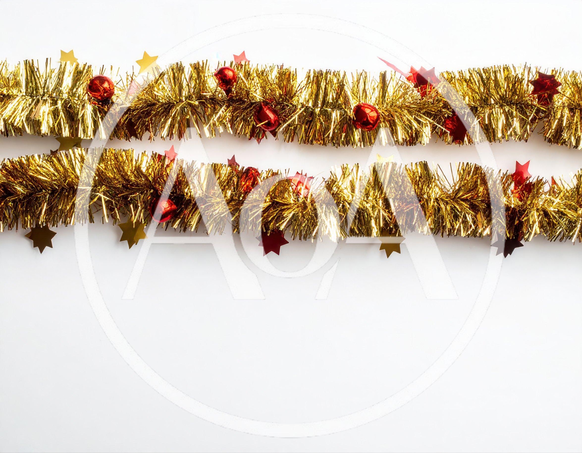 Two Horizontal Gold Tinsel Garlands With Red Ornaments
