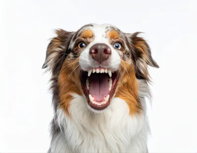 Australian Shepherd Dog Showing Teeth With Open Mouth