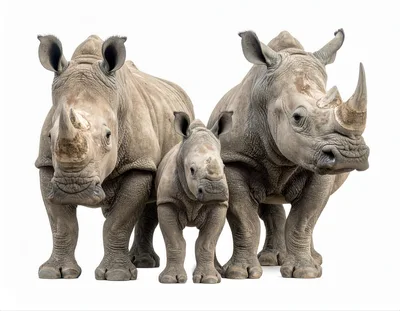 Family Of Three Rhinoceros Standing Together