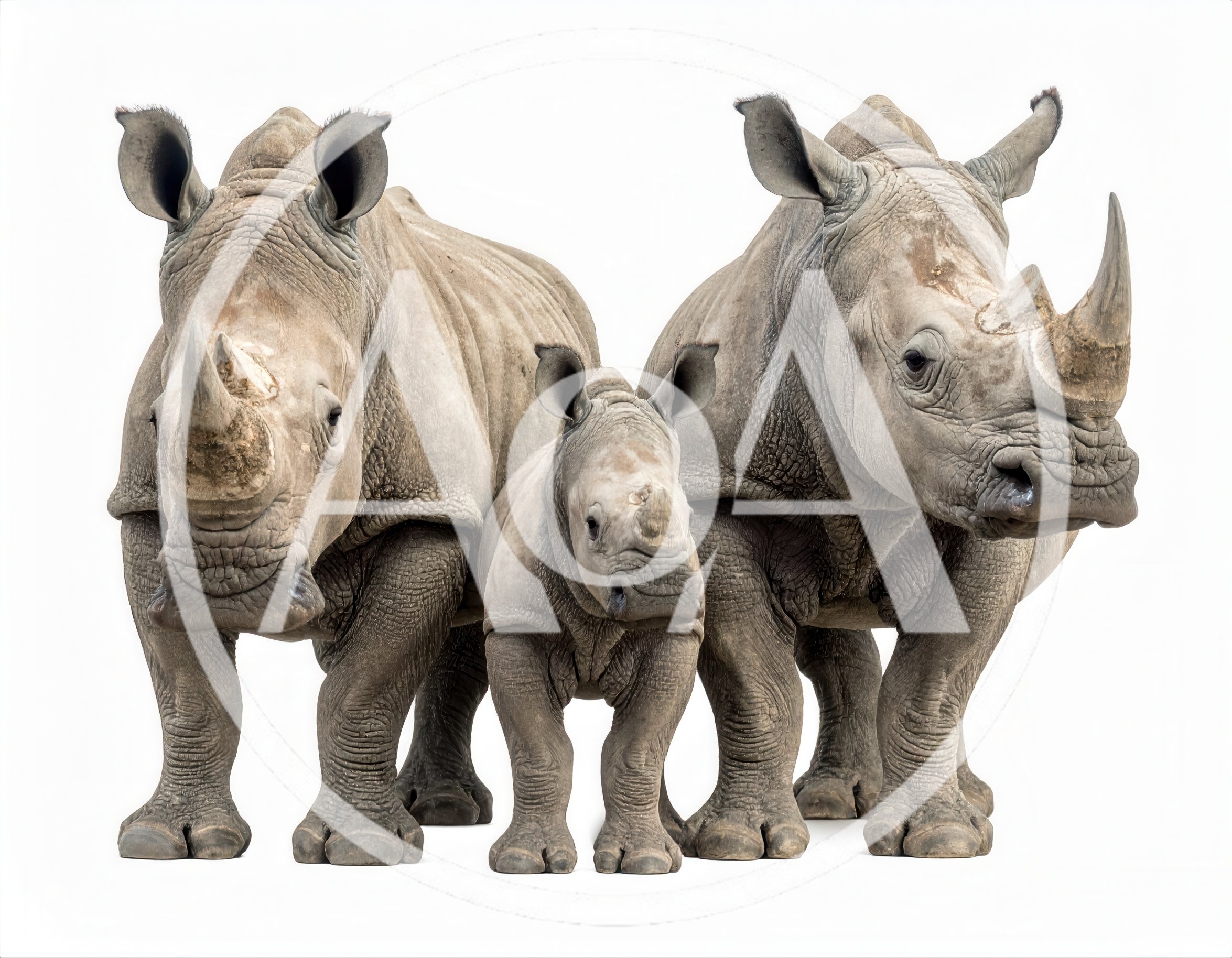 Family Of Three Rhinoceros Standing Together