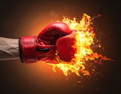 Flaming Red Boxing Glove Punching Through Air
