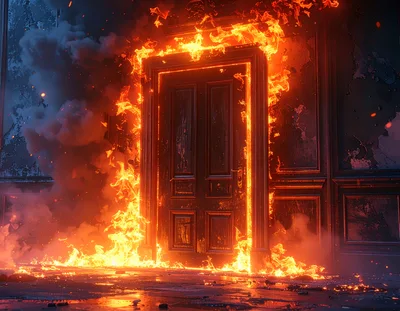 Burning Wooden Door In A Dark Room