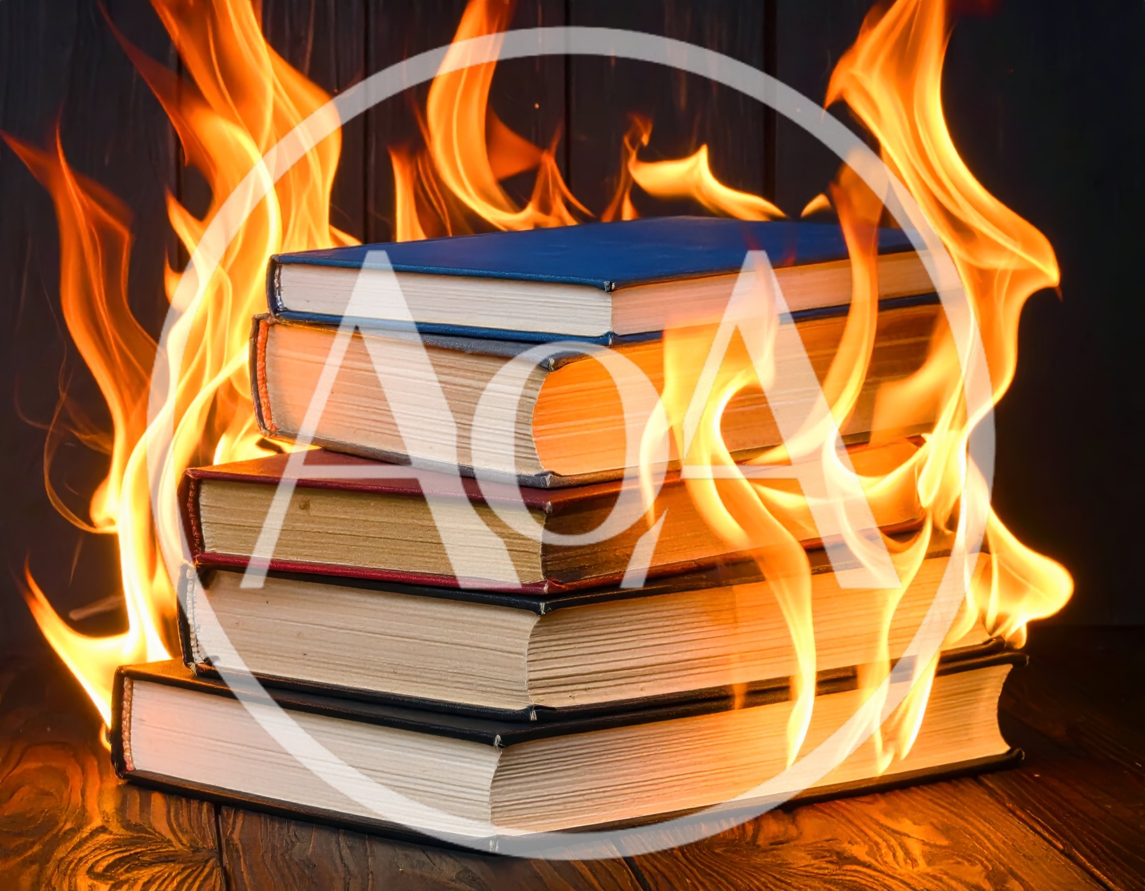 Stack of Old Books Burning on Wooden Surface