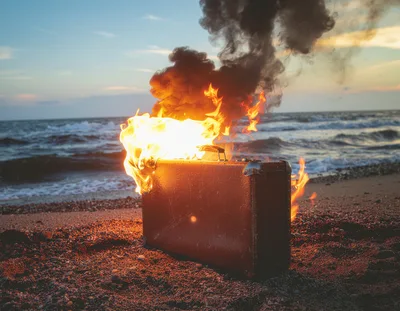 Burning Vintage Suitcase On A Sandy Beach