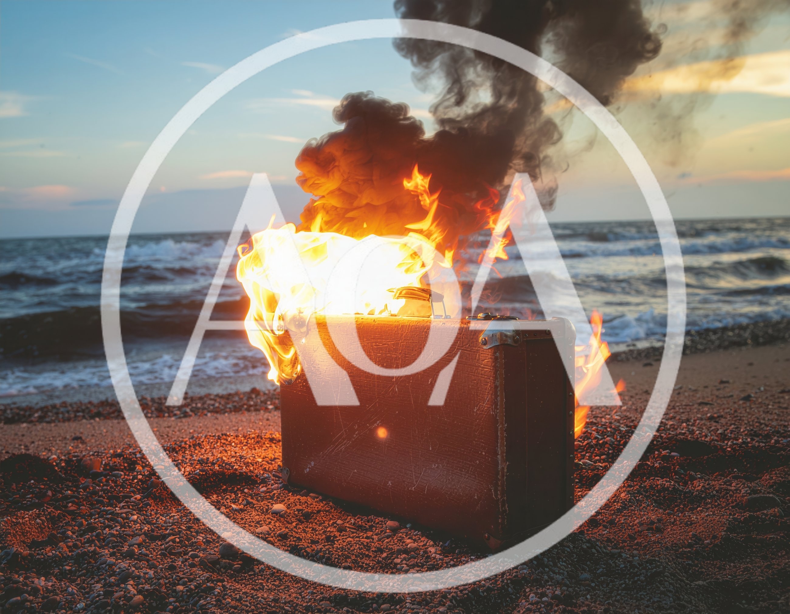 Burning Vintage Suitcase On A Sandy Beach