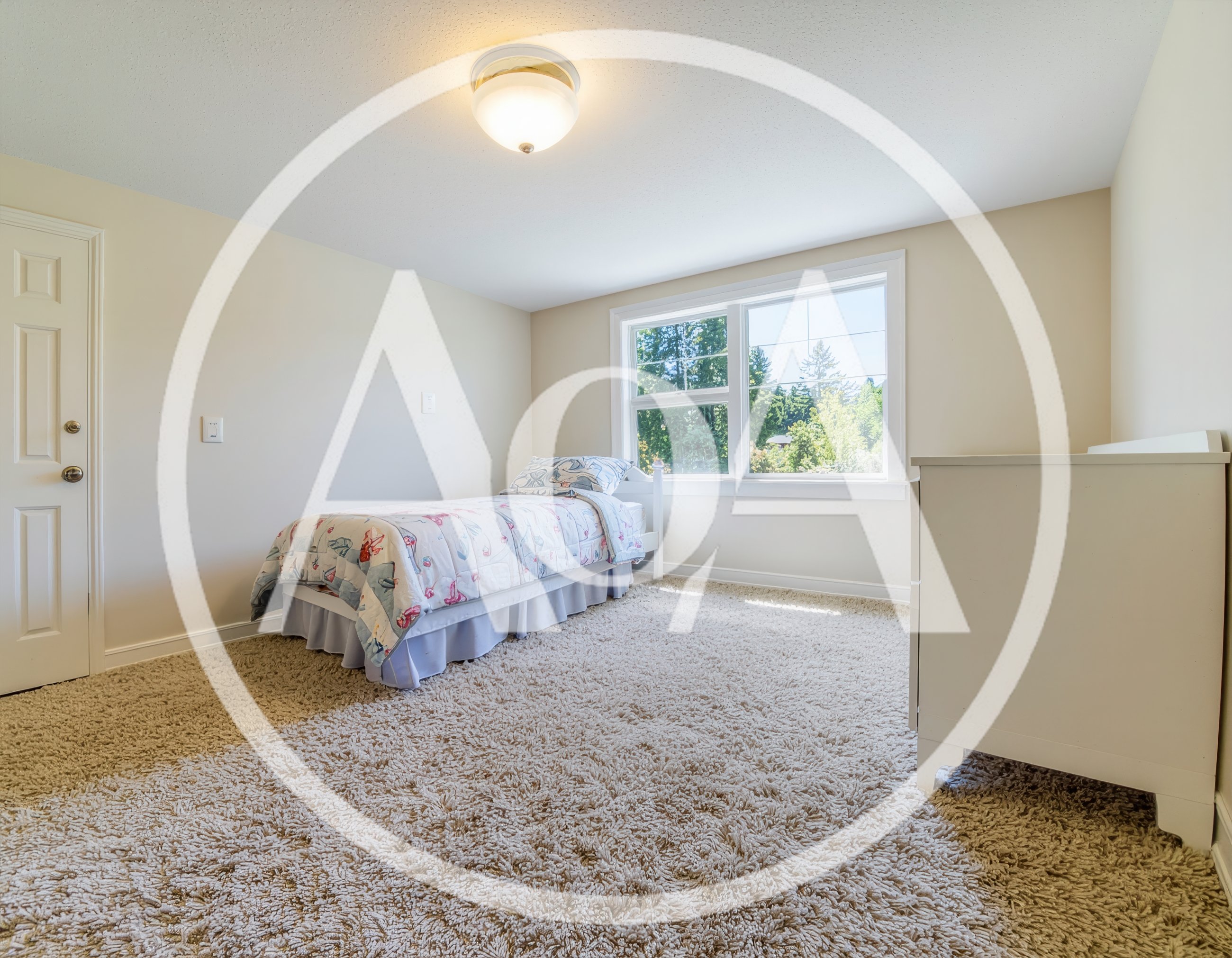 Empty Bedroom With Single Bed And White Dresser