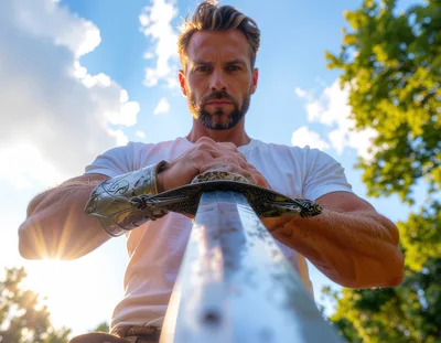 Man Holding Medieval Sword Outdoors