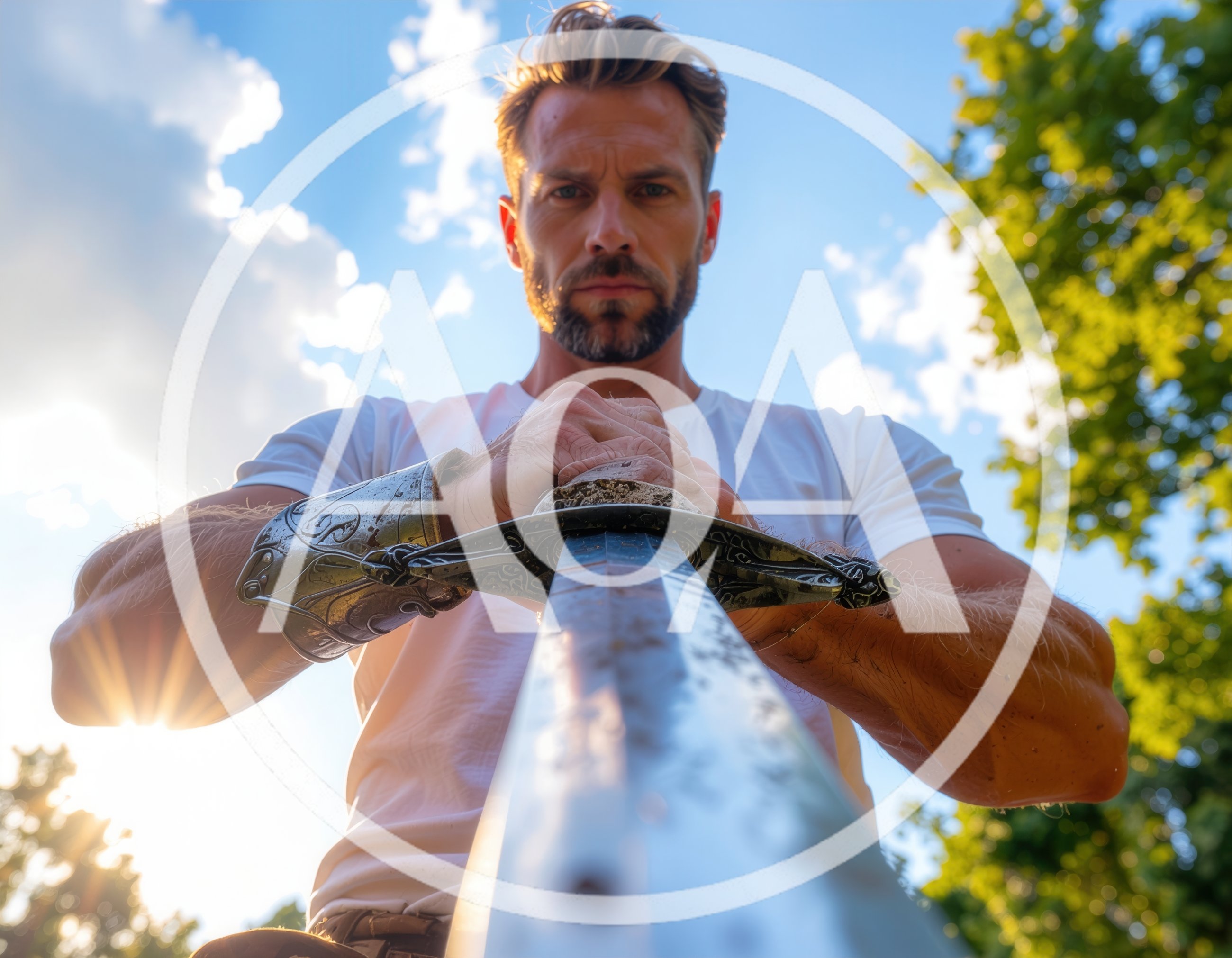 Man Holding Medieval Sword Outdoors