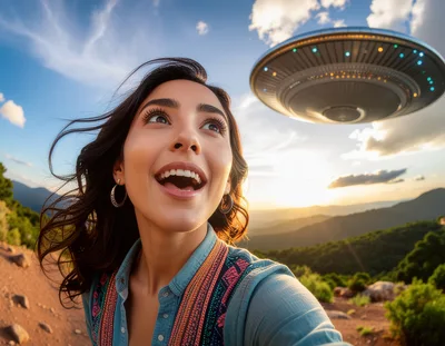Young Woman Taking Selfie With UFO Above Mountain Landscape