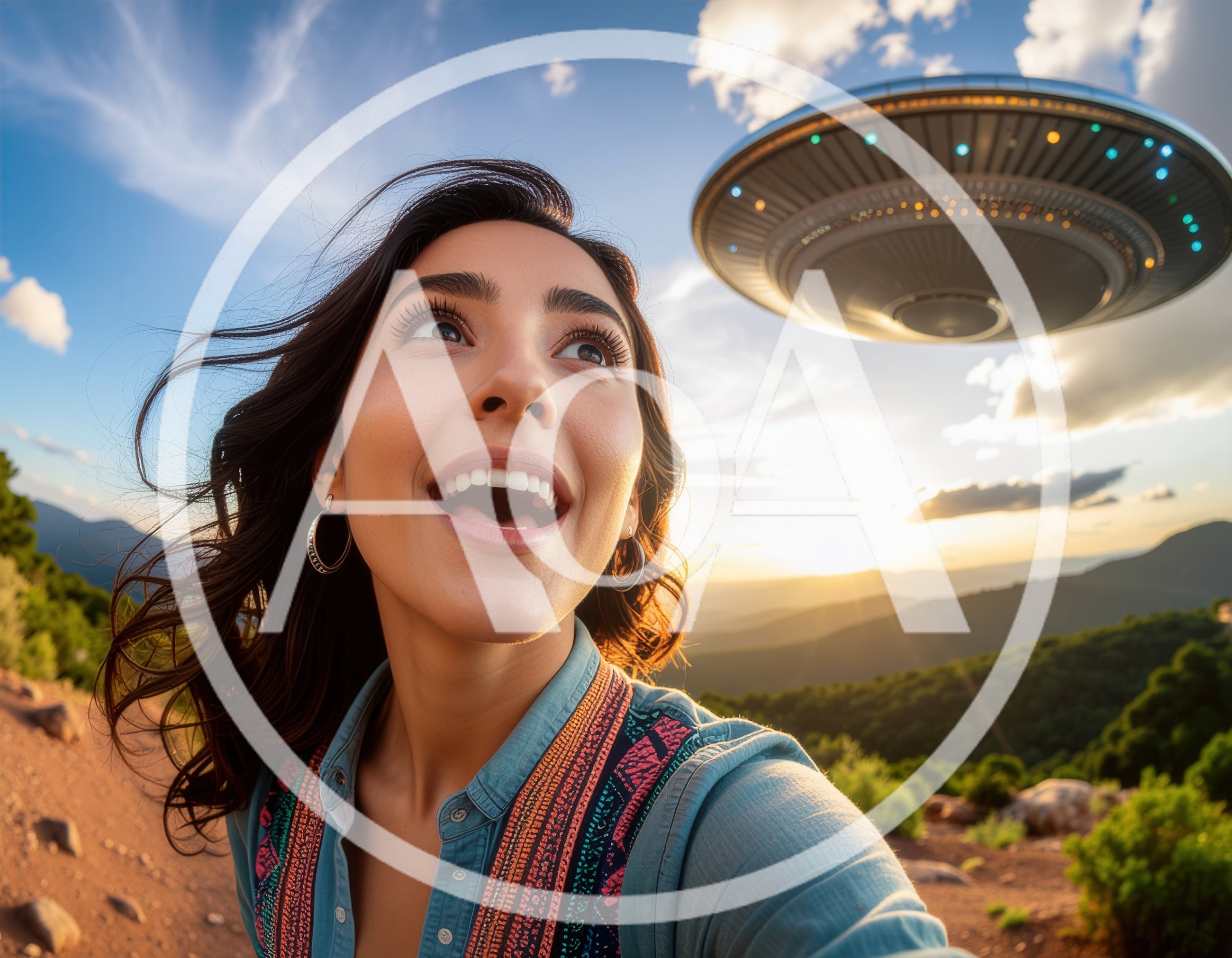 Young Woman Taking Selfie With UFO Above Mountain Landscape
