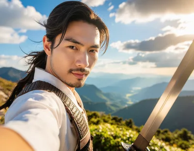 Asian Warrior Taking A Selfie With A Sword
