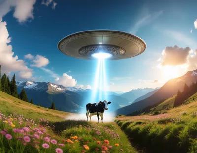 UFO Abducting A Cow In A Mountain Meadow
