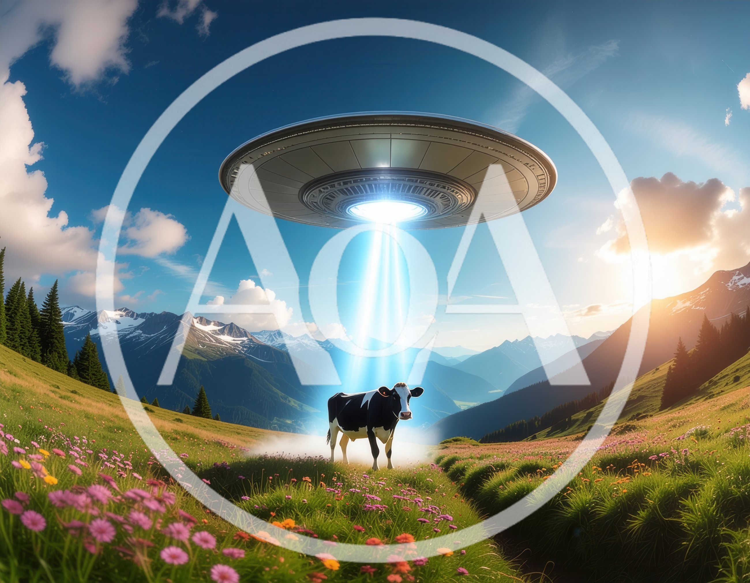 UFO Abducting A Cow In A Mountain Meadow