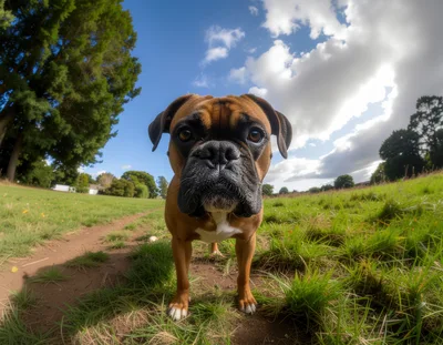 Boxer Dog Standing In A Grassy Field