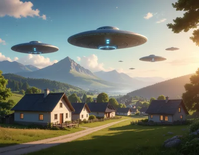 UFO Fleet Hovering Over A Rural Mountain Village