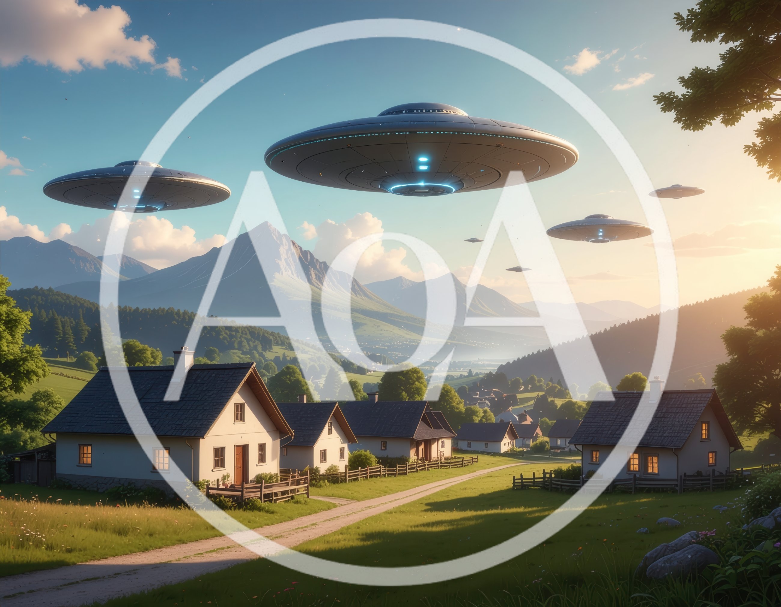 UFO Fleet Hovering Over A Rural Mountain Village