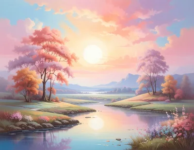 Serene Landscape With River And Pastel Sunset