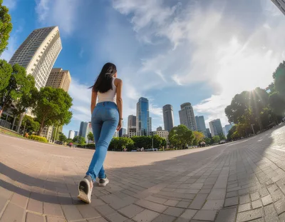 Woman Walking Through A Modern City Plaza