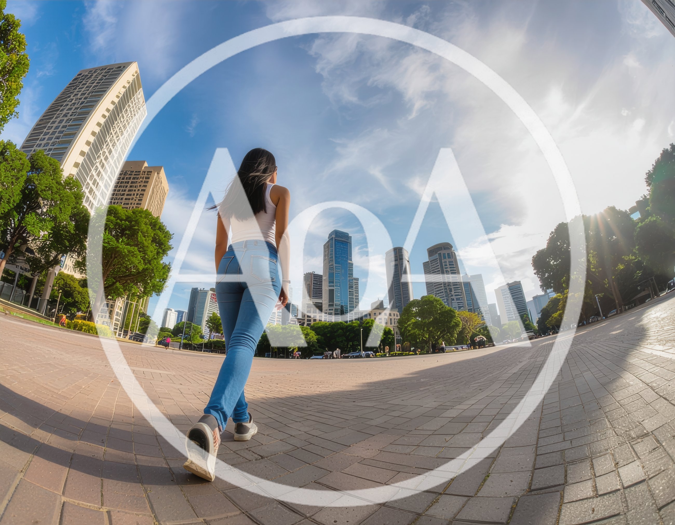Woman Walking Through A Modern City Plaza