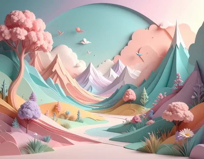 Pastel Papercraft Landscape With Mountains And Trees