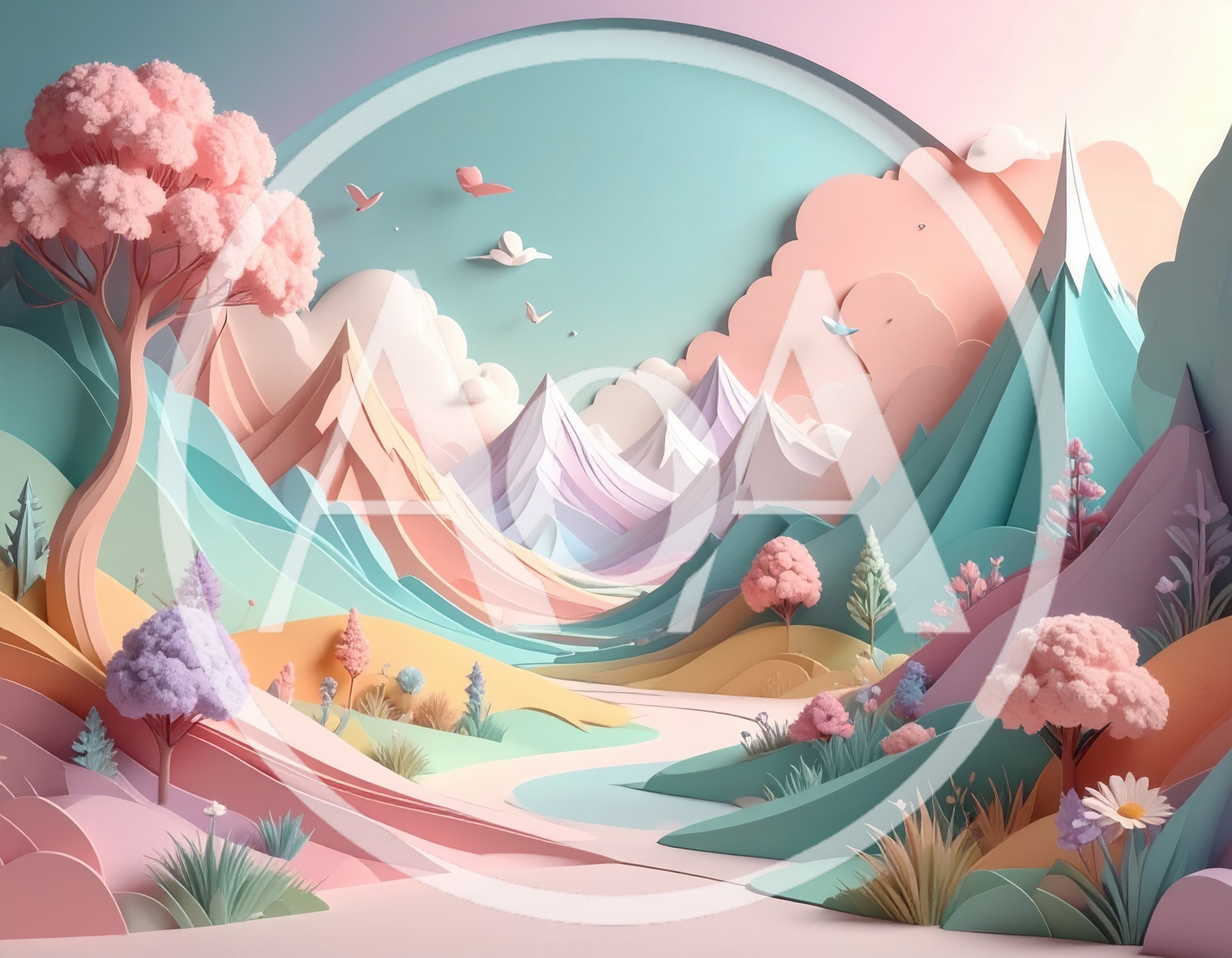 Pastel Papercraft Landscape With Mountains And Trees
