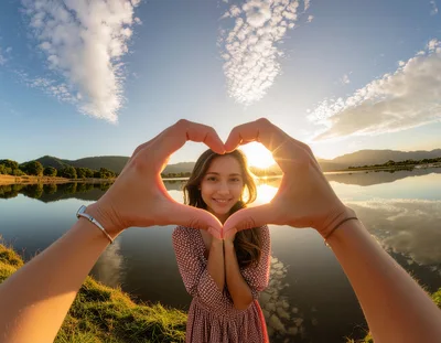 Woman Framing Her Face With Heart Hands At Sunset