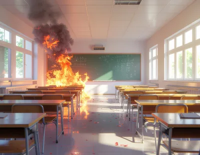Classroom Interior With Fire Burning On Student Desk