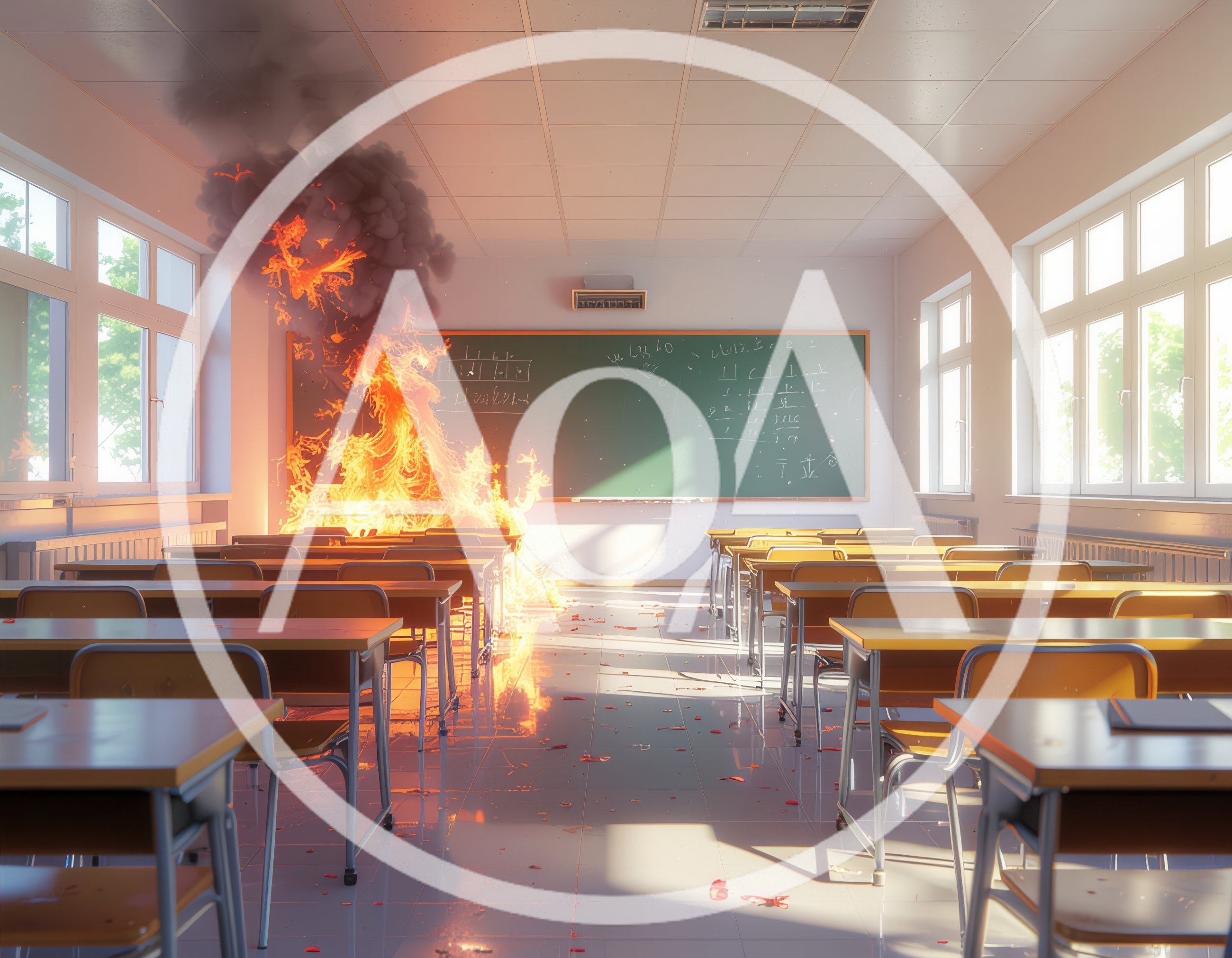 Classroom Interior With Fire Burning On Student Desk