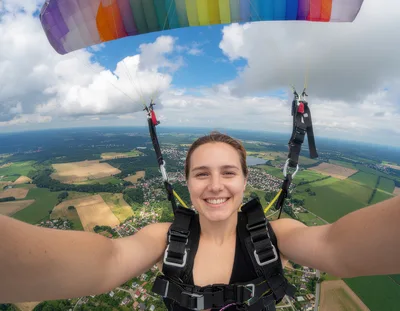 Young Woman Paragliding Over Scenic Countryside Landscape