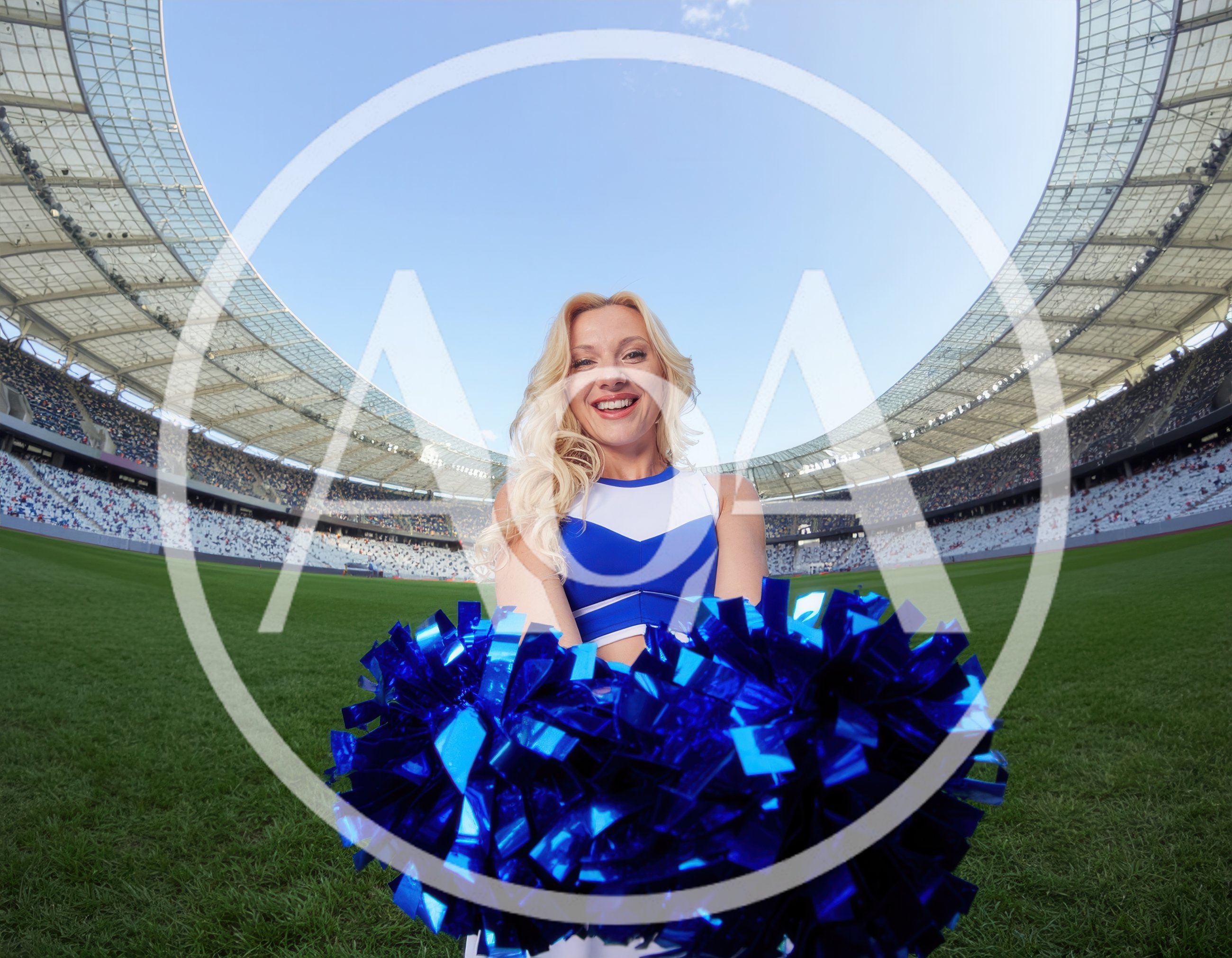 Cheerleader Holding Blue Pom Poms On Stadium Field
