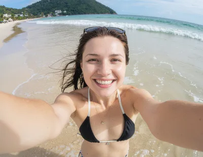 Young Woman Taking Selfie On Tropical Beach