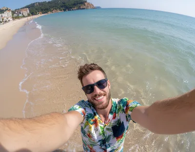 Young Man Taking Selfie On Tropical Beach