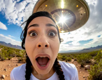 Shocked Woman Looking Up At A Flying Saucer
